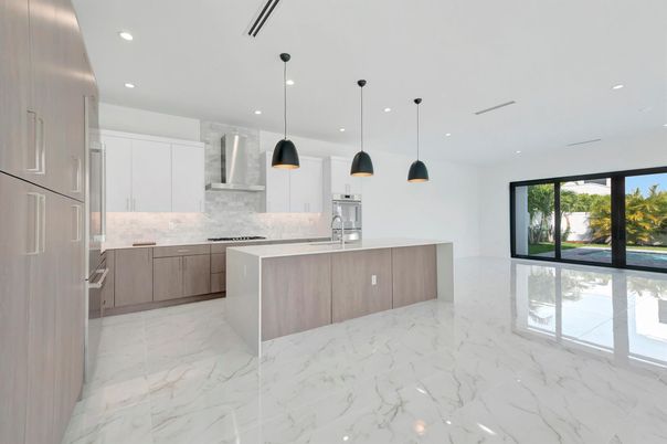Interior, Kitchen, Marble, Pendant Lights, Recessed Lighting, Stainless Steel Appliances