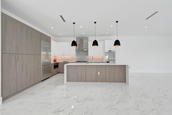 Interior, Kitchen, Marble, Pendant Lights, Recessed Lighting, Stainless Steel Appliances