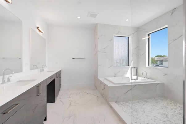 Bathroom, Dual Sink Vanities, Glass Shower, Interior, Marble, Marble Walls, Recessed Lighting