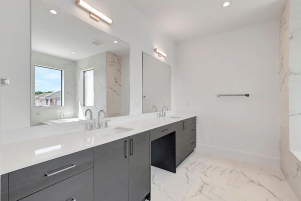 Bathroom, Dual Sink Vanities, Interior, Marble, Marble Walls, Recessed Lighting