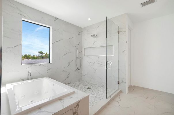 Bathroom, Glass Shower, Interior, Marble, Marble Walls, Recessed Lighting