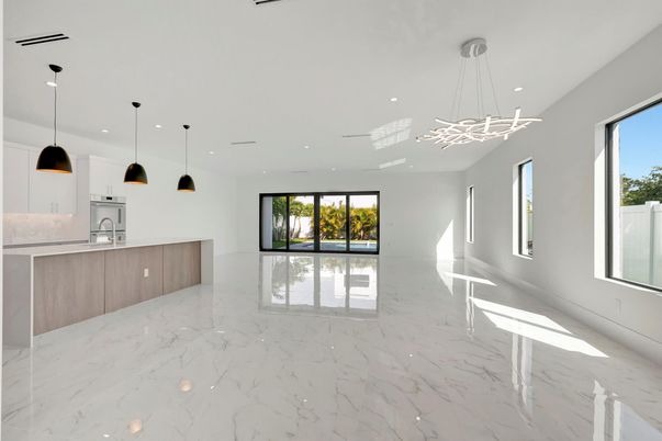 Empty room, Interior, Kitchen, Marble, Pendant Lights, Recessed Lighting