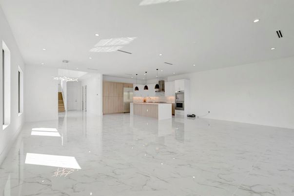 Interior, Kitchen, Marble, Pendant Lights, Recessed Lighting, Stainless Steel Appliances