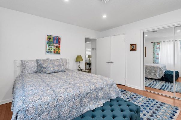 Bedroom, Interior, Recessed Lighting, Wood Texture Flooring