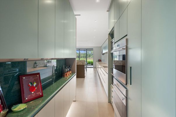 Fireplace, Interior, Kitchen, Recessed Lighting, Stainless Steel Appliances