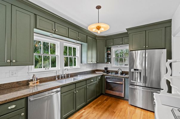Interior, Kitchen, Pendant Lights, Stainless Steel Appliances, Wood Texture Flooring
