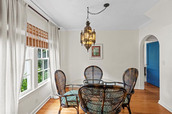 Dining room, Interior, Pendant Lights, Wood Texture Flooring