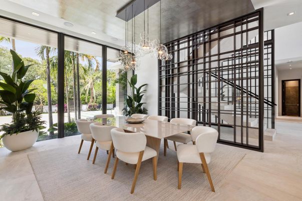 Dining room, Interior, Pendant Lights, Recessed Lighting, Wood Texture Flooring