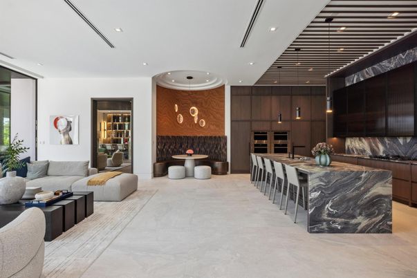 Interior, Kitchen, Living room, Recessed Lighting, Wooden Walls