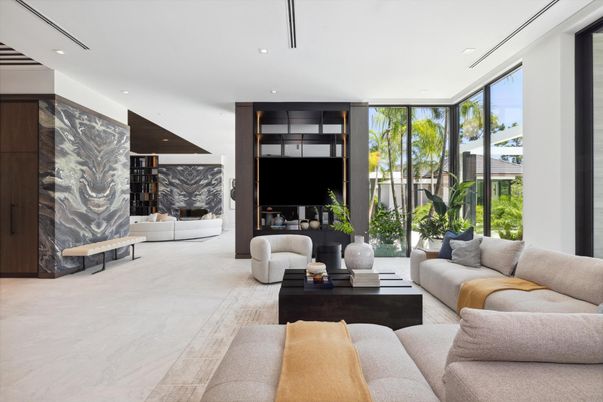 Fireplace, Interior, Living room, Marble, Recessed Lighting