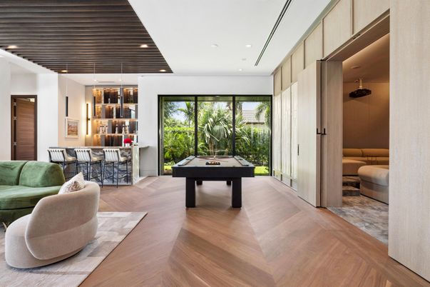 Billiard Table, Game Room, Interior, Recessed Lighting, Wood Texture Flooring