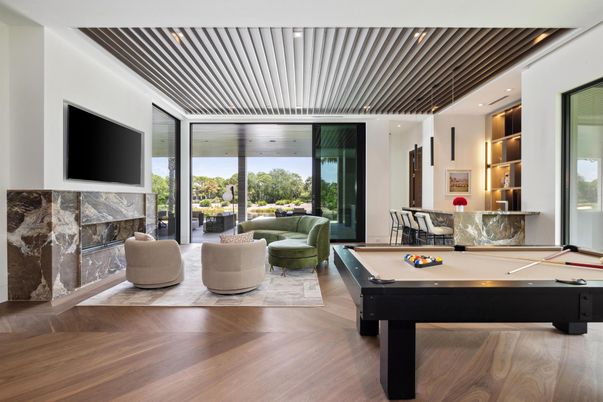 Billiard Table, Fireplace, Game Room, Interior, Living room, Recessed Lighting, Wood Texture Flooring