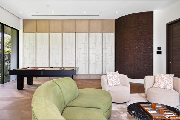 Billiard Table, Game Room, Interior, Recessed Lighting, Wood Texture Flooring