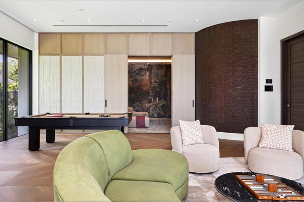 Billiard Table, Game Room, Interior, Living room, Recessed Lighting, Wood Texture Flooring