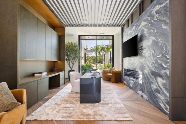Fireplace, Interior, Living room, Recessed Lighting, Wood Texture Flooring