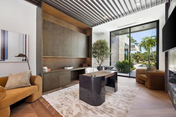 Home Office, Interior, Recessed Lighting, Wood Texture Flooring