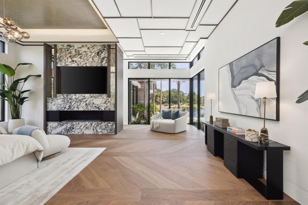 Fireplace, Interior, Pendant Lights, Recessed Lighting, Wood Texture Flooring
