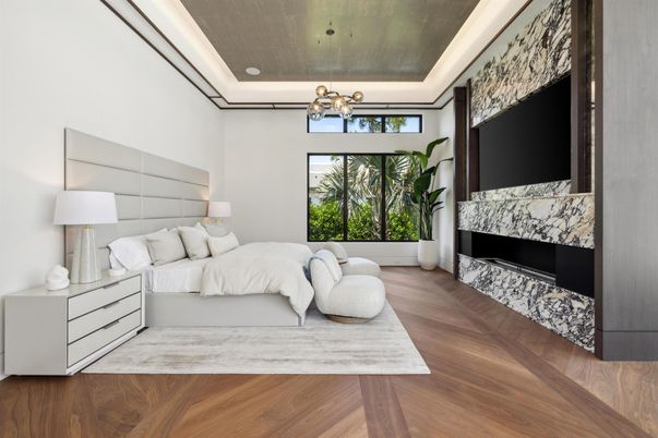 Bedroom, Interior, Pendant Lights, Wood Texture Flooring
