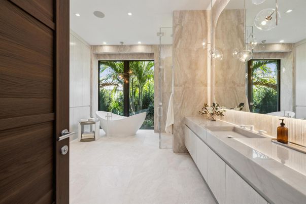 Bathroom, Dual Sink Vanities, Free Standing Baths, Interior, Marble, Pendant Lights, Recessed Lighting