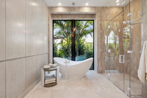 Bathroom, Free Standing Baths, Glass Shower, Interior, Recessed Lighting