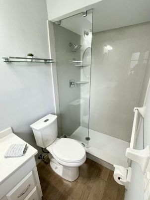 Bathroom, Glass Shower, Interior, Wood Texture Flooring