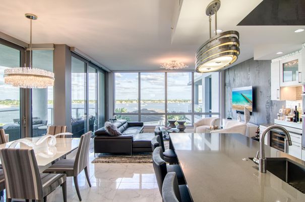 Chandelier, Dining room, Interior, Kitchen, Living room, Marble, Pendant Lights, Recessed Lighting, Water