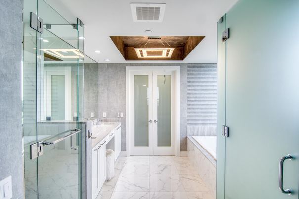 Bathroom, Glass Shower, Interior, Marble, Recessed Lighting