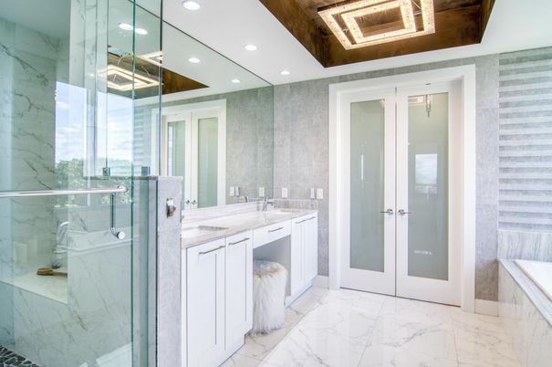 Bathroom, Glass Shower, Interior, Marble, Marble Walls, Recessed Lighting