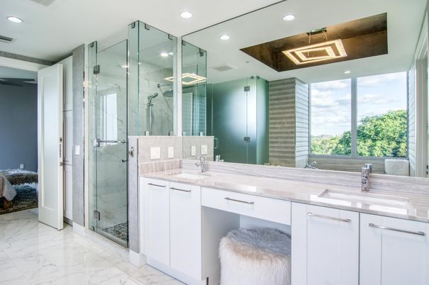 Bathroom, Dual Sink Vanities, Glass Shower, Interior, Marble, Recessed Lighting