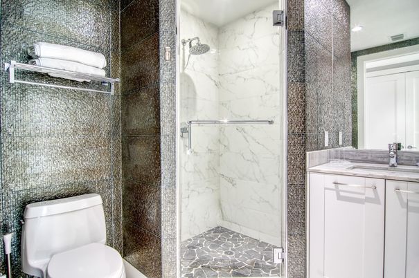 Bathroom, Glass Shower, Interior, Marble Walls, Recessed Lighting