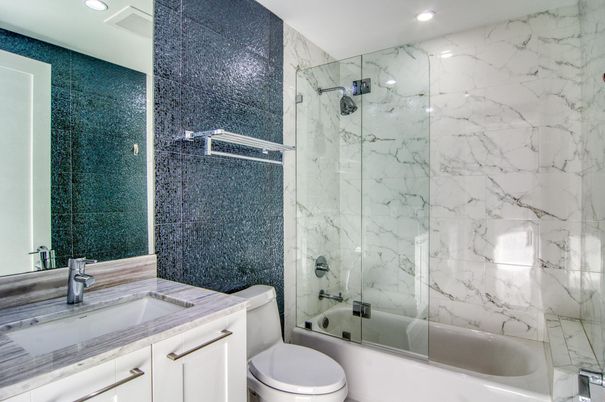 Bathroom, Glass Shower, Interior, Marble Walls, Recessed Lighting