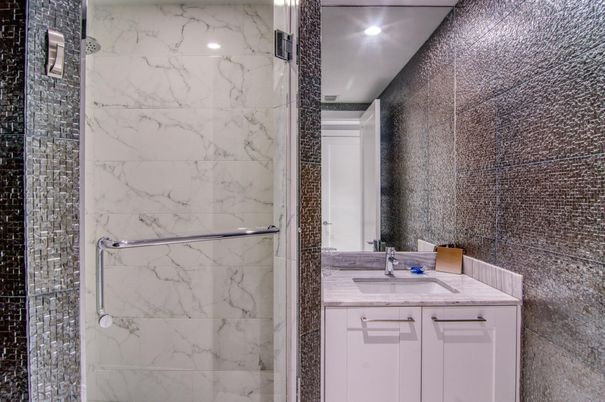 Bathroom, Glass Shower, Interior, Marble Walls, Recessed Lighting