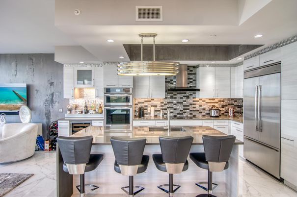 Interior, Kitchen, Marble, Recessed Lighting, Stainless Steel Appliances