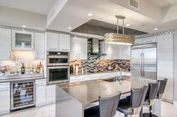 Interior, Kitchen, Marble, Pendant Lights, Recessed Lighting, Stainless Steel Appliances