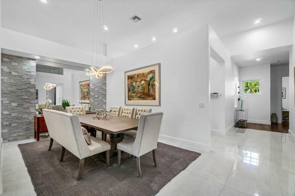 Dining room, Interior, Pendant Lights, Recessed Lighting, Stone Walls