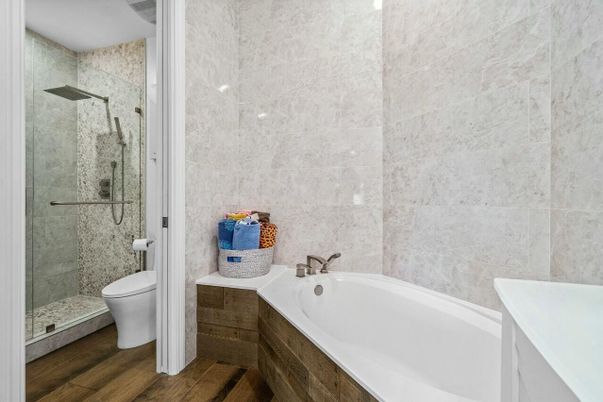 Bathroom, Glass Shower, Interior, Wood Texture Flooring
