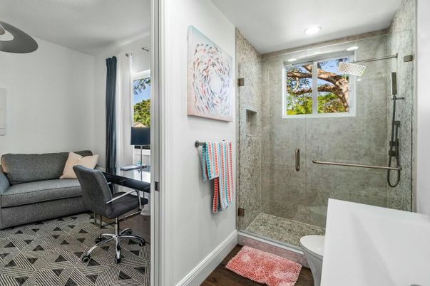 Bathroom, Glass Shower, Interior, Recessed Lighting, Wood Texture Flooring