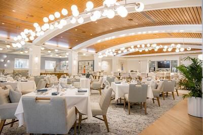 Dining room, Interior, Pendant Lights, Recessed Lighting, Wooden Ceilings, Wood Texture Flooring