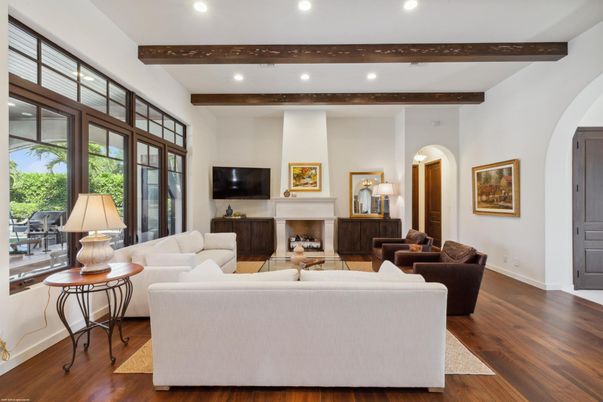 Fireplace, Interior, Living room, Recessed Lighting, Wooden Beams, Wood Texture Flooring