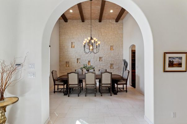 Chandelier, Dining room, Interior, Recessed Lighting, Stone Walls, Wooden Beams, Wooden Ceilings