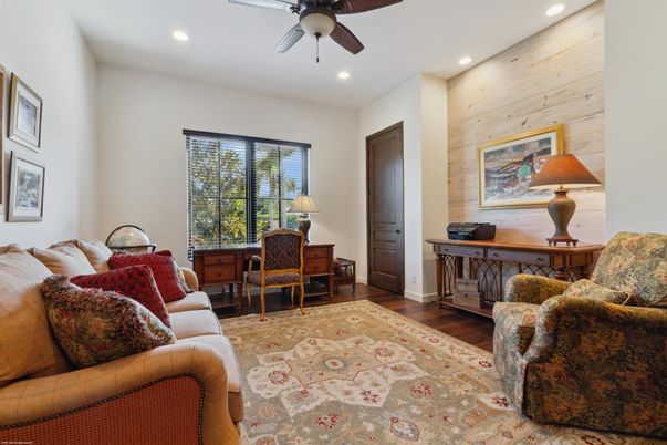 Home Office, Interior, Living room, Recessed Lighting, Wood Texture Flooring, Wooden Walls