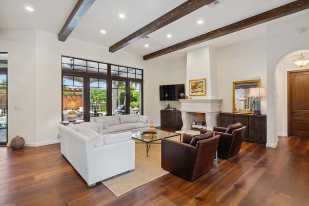 Fireplace, Interior, Living room, Recessed Lighting, Wooden Beams, Wood Texture Flooring