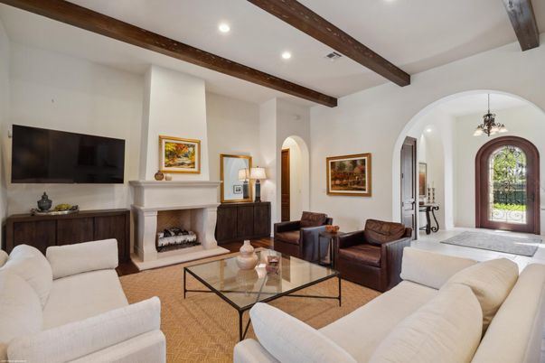 Fireplace, Interior, Living room, Pendant Lights, Recessed Lighting, Wooden Beams