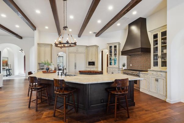 Chandelier, Interior, Kitchen, Pendant Lights, Recessed Lighting, Stainless Steel Appliances, Wooden Beams, Wood Texture Flooring