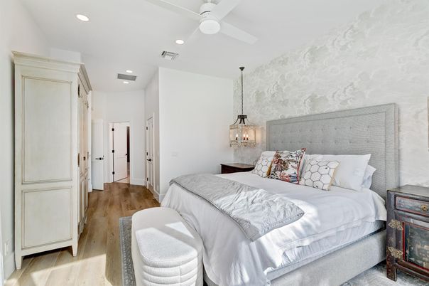 Bedroom, Interior, Pendant Lights, Recessed Lighting, Wood Texture Flooring