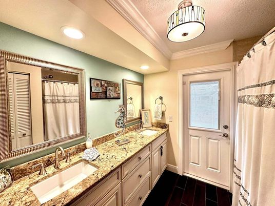 Bathroom, Dual Sink Vanities, Interior, Recessed Lighting, Wood Texture Flooring