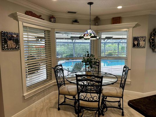 Dining room, Interior, Pendant Lights, Recessed Lighting, Wood Texture Flooring