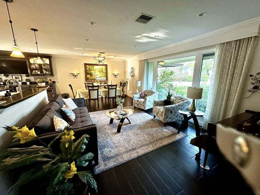 Dining room, Interior, Living room, Pendant Lights, Recessed Lighting, Wood Texture Flooring