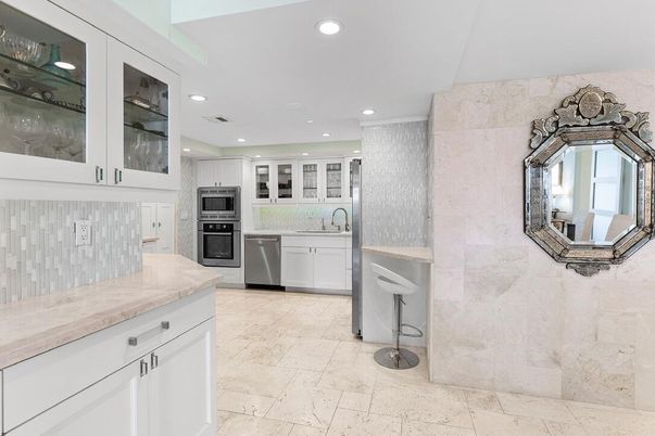 Interior, Kitchen, Recessed Lighting, Stainless Steel Appliances, Stone Walls