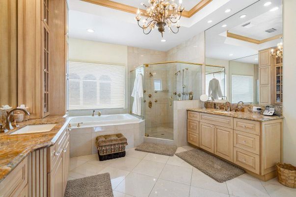 Bathroom, Chandelier, Dual Sink Vanities, Glass Shower, Interior, Recessed Lighting